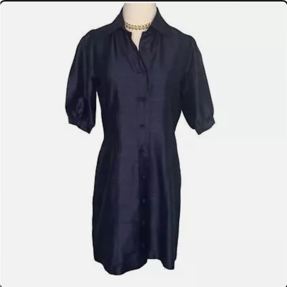 Pink Tartan silk shantung puff shoulder button front shirt dress size 6 pockets